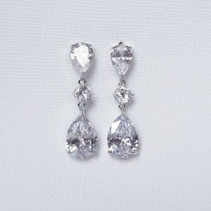 Silver Teardrop Pear Bridal Earrings Wedding Jewelry
